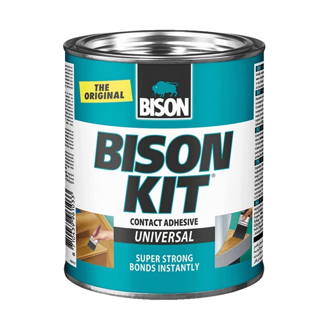 Bison Kit® 650 ml universal contact adhesive—neoprene-based, super‑strong and fast‑bonding for wood, metal, plastics, rubber, leather, cork, canvas. Moisture and frost resistant, works from –40 °C to +70 °C. Ideal for immediate, heavy-duty repairs and DIY projects.

