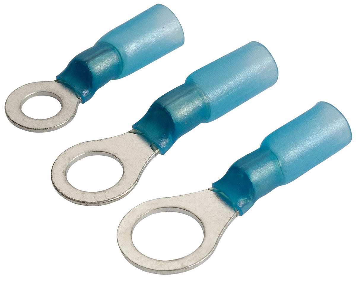 Blue 4mm adhesive heatshrink ring terminals offer reliable, waterproof connections for electrical applications. Suitable for marine, automotive, and industrial use with corrosion-resistant, heat-activated insulation for lasting performance. Distributed by Rimal Marine.

