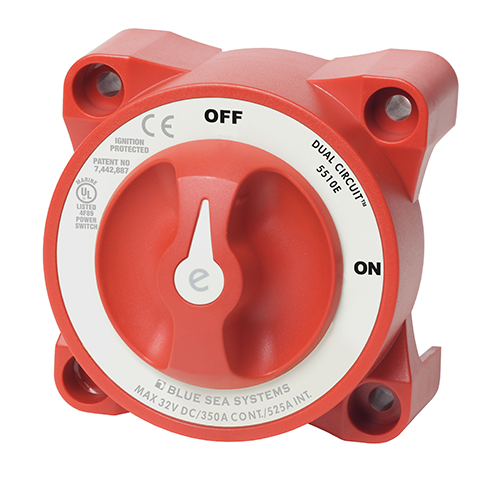 Blue Sea 5510E heavy-duty marine battery switch featuring a high-amperage rotary design for safe battery isolation and emergency shutdown. Rugged, corrosion-resistant construction suitable for boats, RVs, and industrial use—designed for reliable long-term operation.