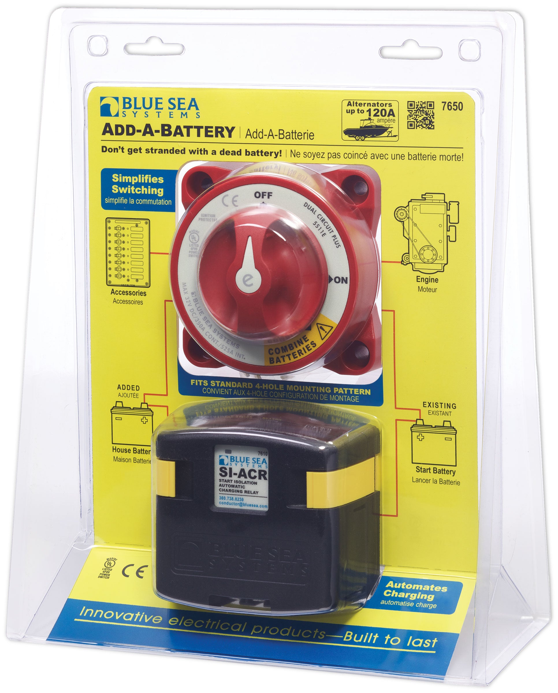 Blue Sea Add‑A‑Battery Kit 120 A enables effortless dual-battery charging without switching, drawing automatically when the main battery reaches 13.3 V. Compact, reliable, and maintenance-free—perfect for marine, RV, and off-grid electrical systems.