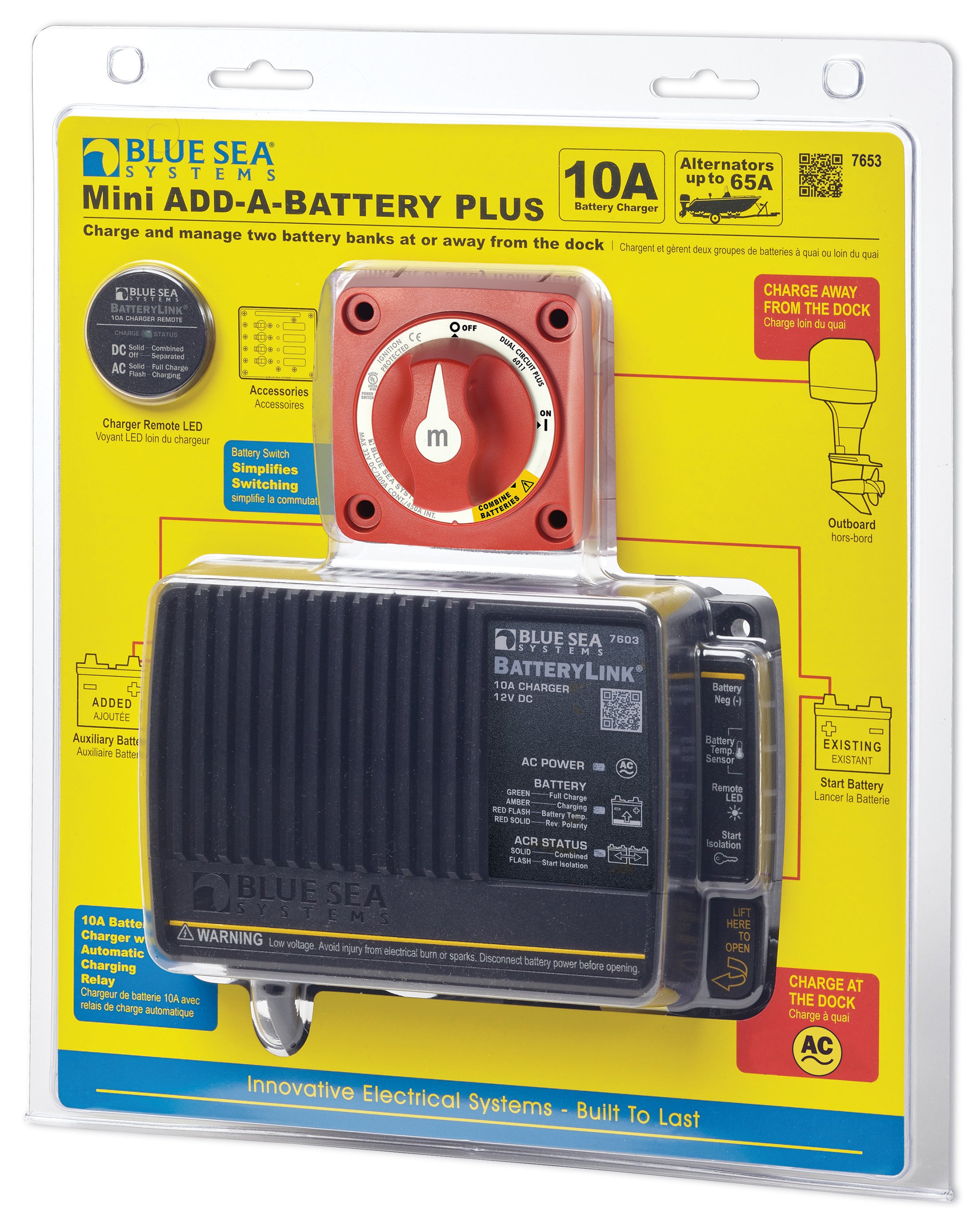 Blue Sea Mini Add‑A‑Battery Plus 65 A kit for boats and RVs—enables two-battery bank charging without manual switching. Compact, fully automatic, and maintenance-free device optimizing dual battery setups for reliable power management.