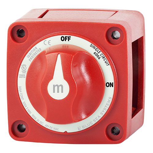 Blue Sea Model 6006 marine-grade battery switch with ergonomic knob, providing reliable On/Off control for battery circuits. Corrosion-resistant construction suitable for boats and RVs. Easy to use rotary knob for safe battery isolation and maintenance.