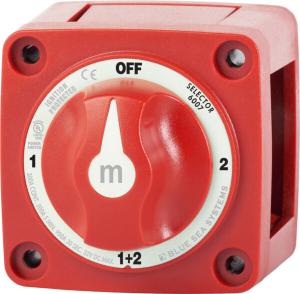 Blue Sea Model 6007 marine-grade battery selector switch featuring a rotary knob for selecting Battery 1, Battery 2, Both, or Off. Rugged, corrosion-resistant construction ideal for boats and RVs. Smooth, reliable operation for dual-bank battery systems.

