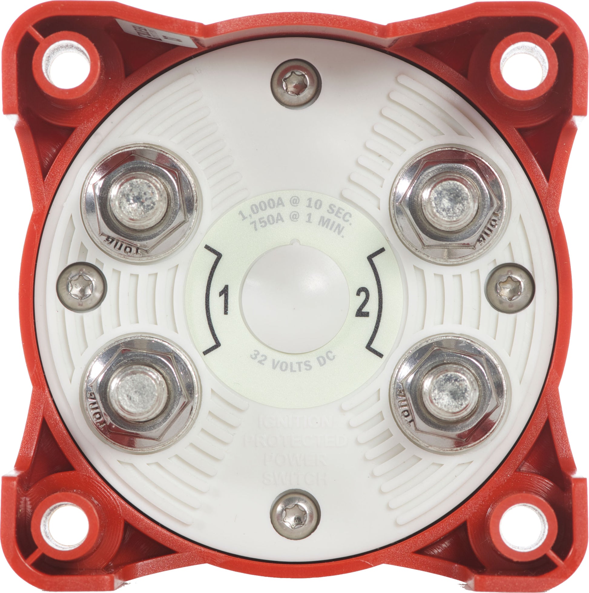 Blue Sea Model 6007 marine-grade battery selector switch featuring a rotary knob for selecting Battery 1, Battery 2, Both, or Off. Rugged, corrosion-resistant construction ideal for boats and RVs. Smooth, reliable operation for dual-bank battery systems.

