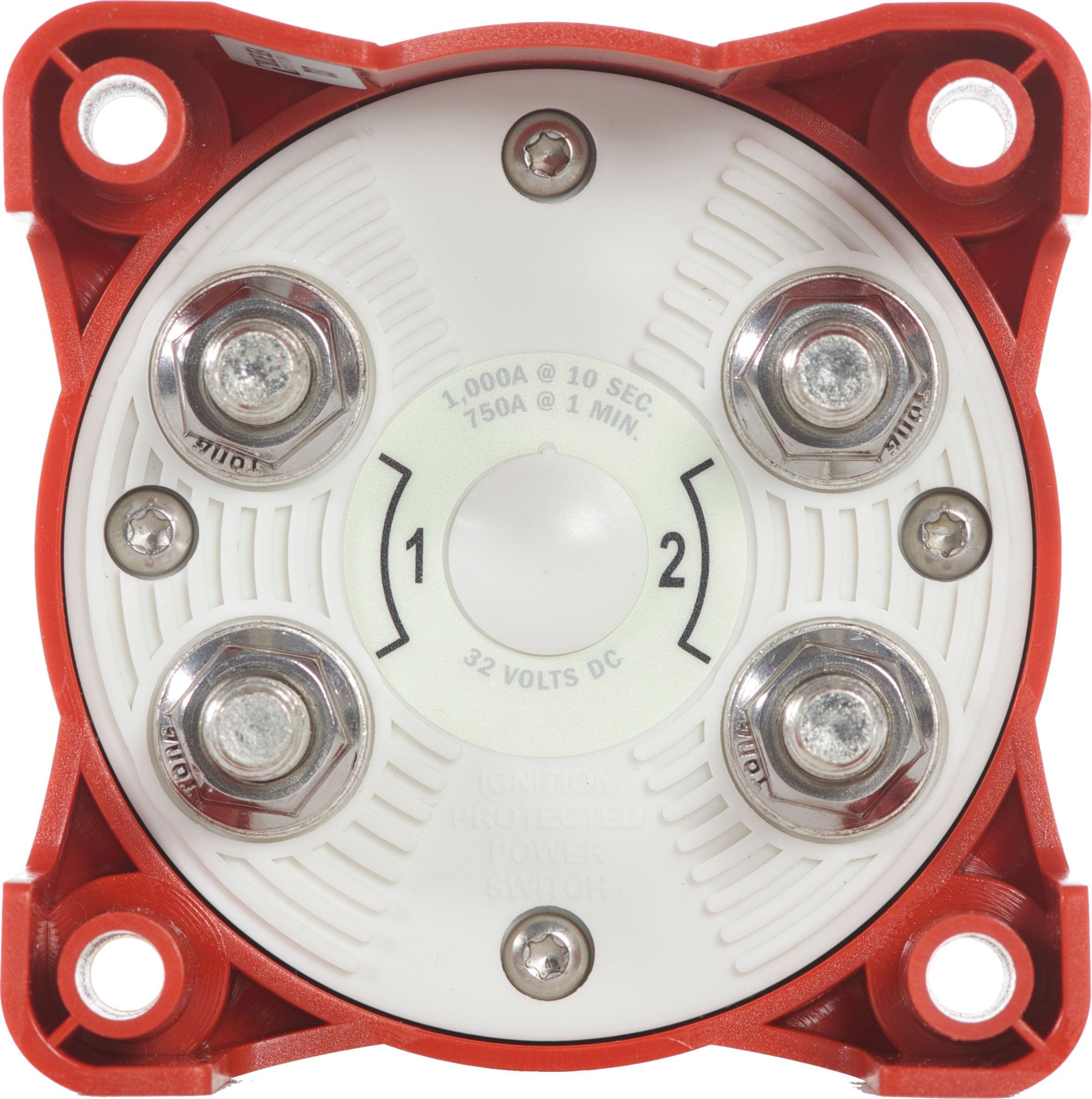 Blue Sea Model 6007 marine-grade battery selector switch featuring a rotary knob for selecting Battery 1, Battery 2, Both, or Off. Rugged, corrosion-resistant construction ideal for boats and RVs. Smooth, reliable operation for dual-bank battery systems.

