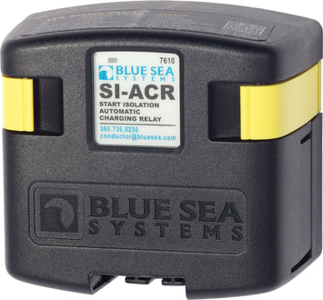 Blue Sea SI‑ACR automatic charging relay (Model 7610), rated for 120 A continuous and 210 A intermittent. Operates on 12 V and 24 V systems. Automatically manages dual batteries and isolates electronics during engine cranking. Waterproof and ignition-protected.

