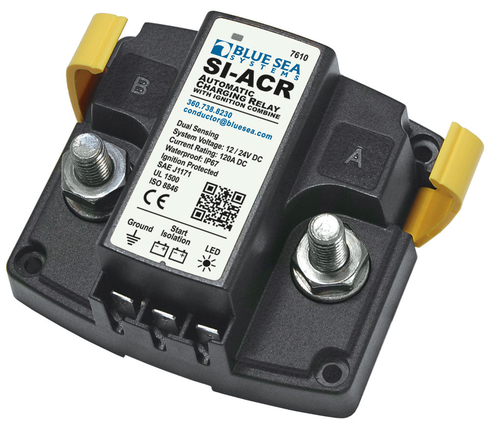 Blue Sea SI‑ACR automatic charging relay (Model 7610), rated for 120 A continuous and 210 A intermittent. Operates on 12 V and 24 V systems. Automatically manages dual batteries and isolates electronics during engine cranking. Waterproof and ignition-protected.

