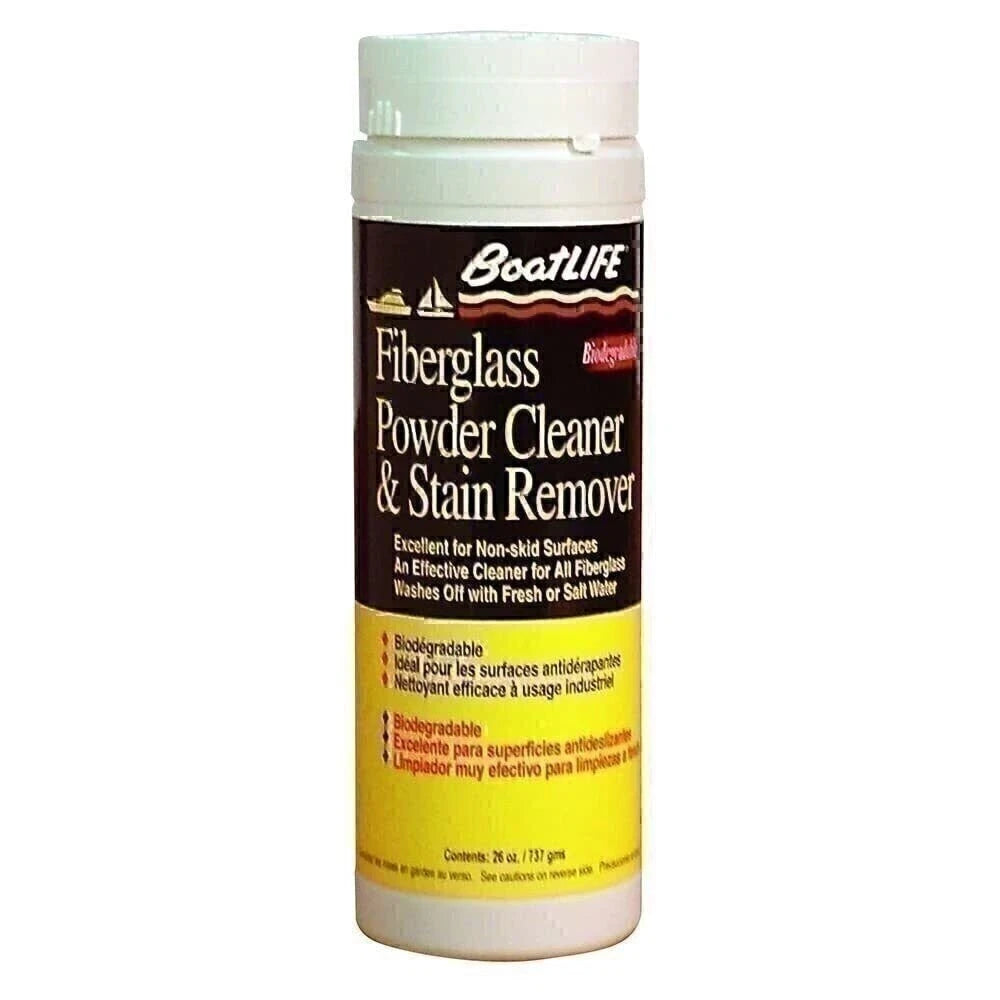 BoatLIFE Fiberglass Powder Cleaner 26 oz (737 g) bottle – non-scratching, heavy-duty marine cleaner for removing rust stains, scuff marks, black streaks, and diesel exhaust stains from fiberglass surfaces. Ideal for non-skid decks and hulls. Washes off with fresh or salt water.