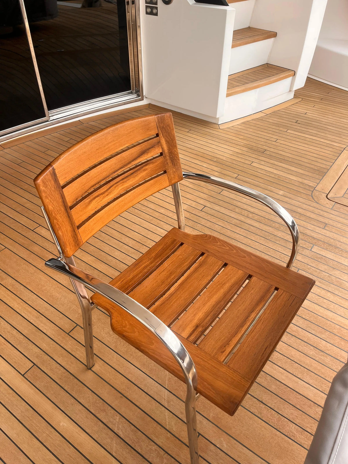 Marine boat deck chair with stainless steel frame and teak wood for yachts in Dubai