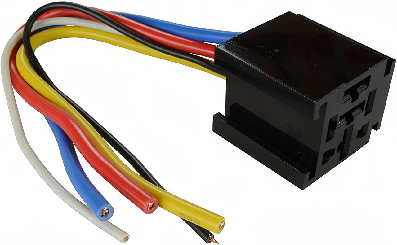 Bosch-style relay holder with 4/5-pin SPDT socket. Features molded plastic body, metal terminals for solid electrical contact, and integrated mounting tab for secure installation. Compatible with standard automotive and marine relays for lighting, horn, and control systems.