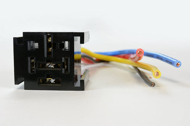 Bosch-style relay holder with 4/5-pin SPDT socket. Features molded plastic body, metal terminals for solid electrical contact, and integrated mounting tab for secure installation. Compatible with standard automotive and marine relays for lighting, horn, and control systems.
