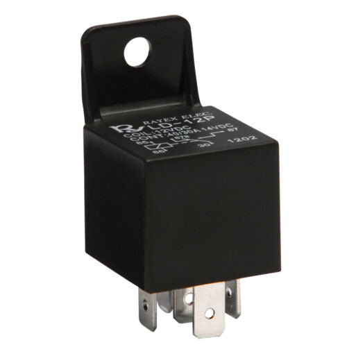 Bosch-style SPDT relay with 4 or 5 pins, available in 30/40A and 80A ratings. Compact black plastic housing with metal prongs for secure connection. Ideal for automotive or marine use in lighting, ignition, cooling fan, or fuel system control circuits.