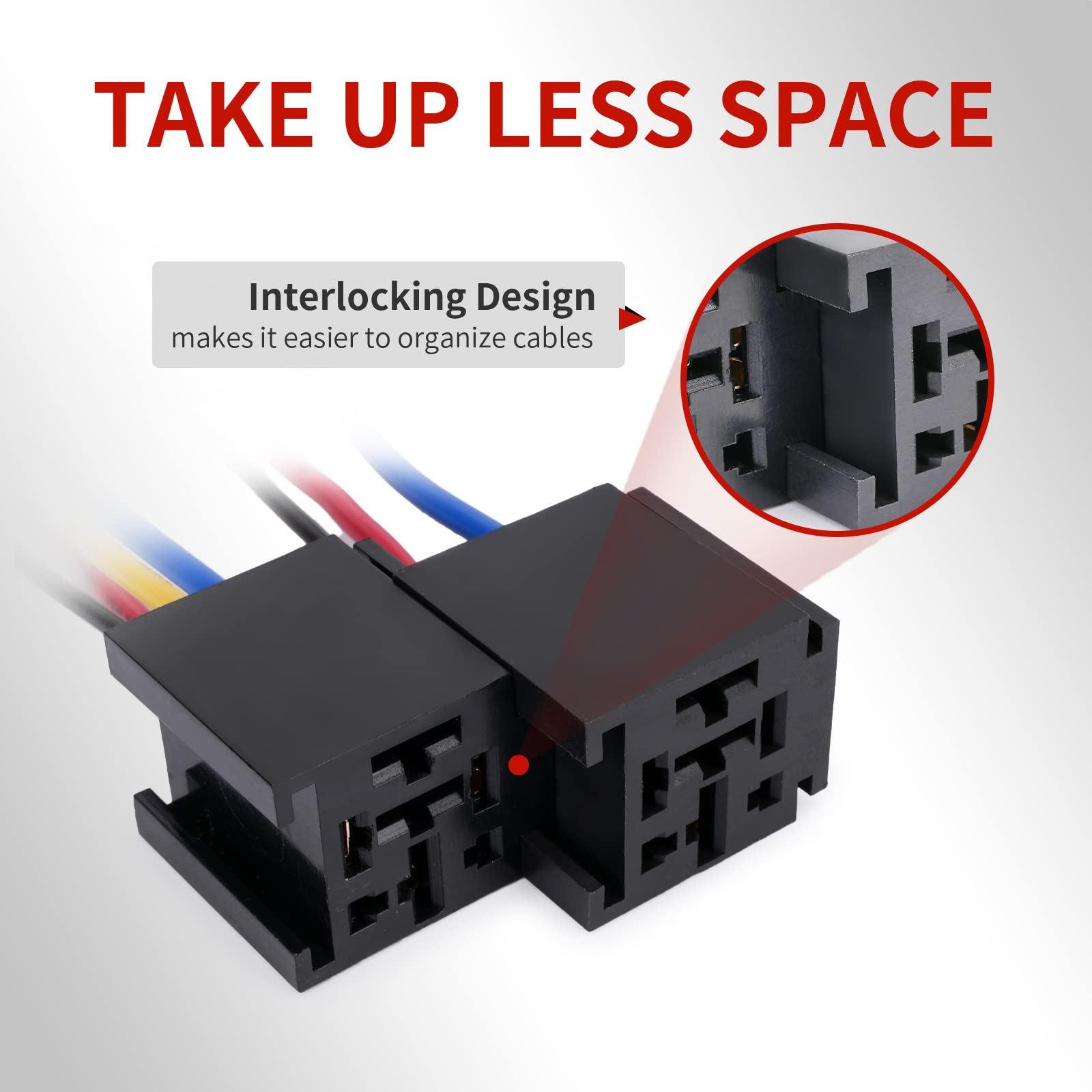 Bosch-style SPDT relay with 4 or 5 pins, available in 30/40A and 80A ratings. Compact black plastic housing with metal prongs for secure connection. Ideal for automotive or marine use in lighting, ignition, cooling fan, or fuel system control circuits.