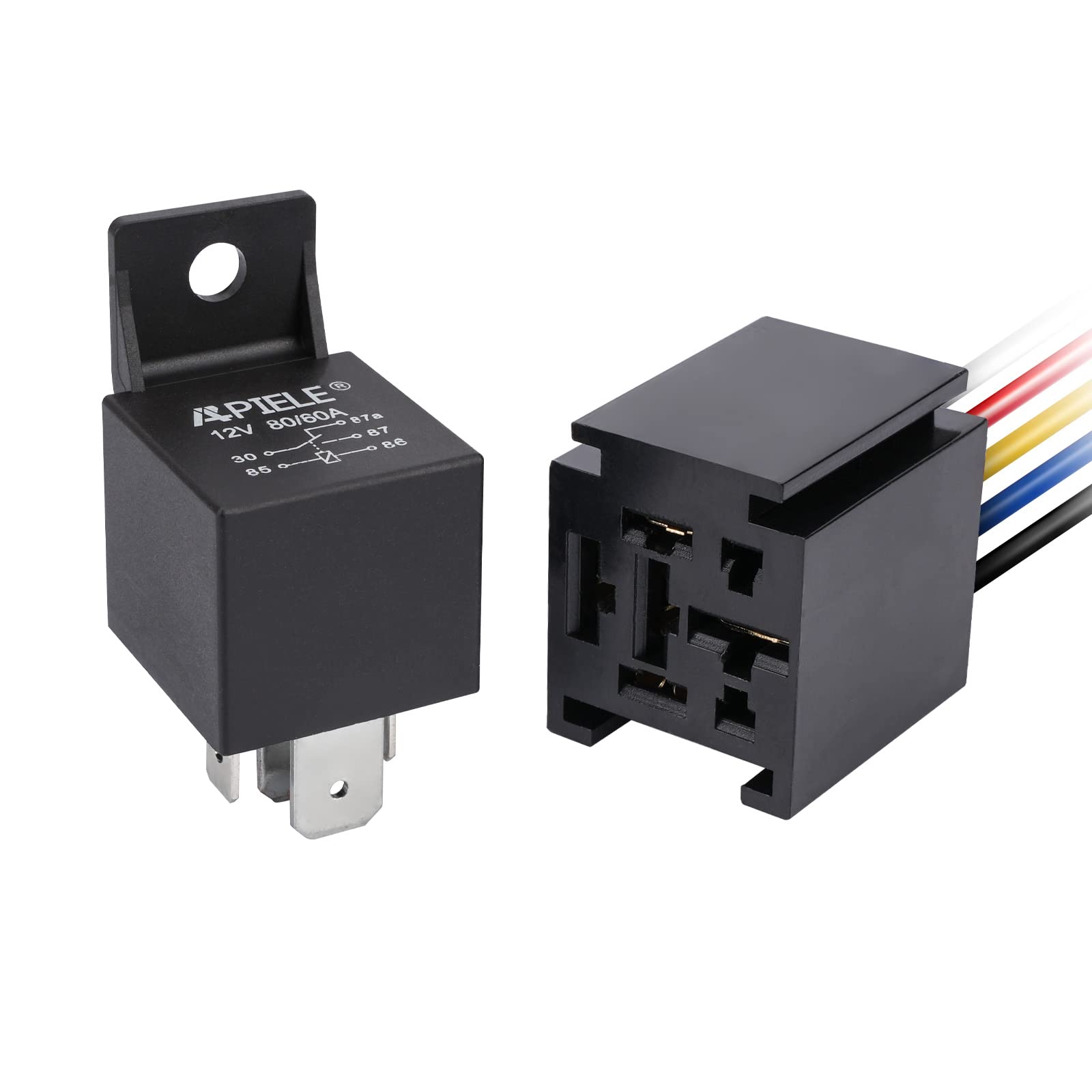 Bosch-style SPDT relay with 4 or 5 pins, available in 30/40A and 80A ratings. Compact black plastic housing with metal prongs for secure connection. Ideal for automotive or marine use in lighting, ignition, cooling fan, or fuel system control circuits.