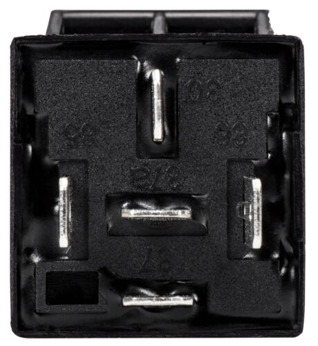 Bosch-style SPDT relay with 4 or 5 pins, available in 30/40A and 80A ratings. Compact black plastic housing with metal prongs for secure connection. Ideal for automotive or marine use in lighting, ignition, cooling fan, or fuel system control circuits.