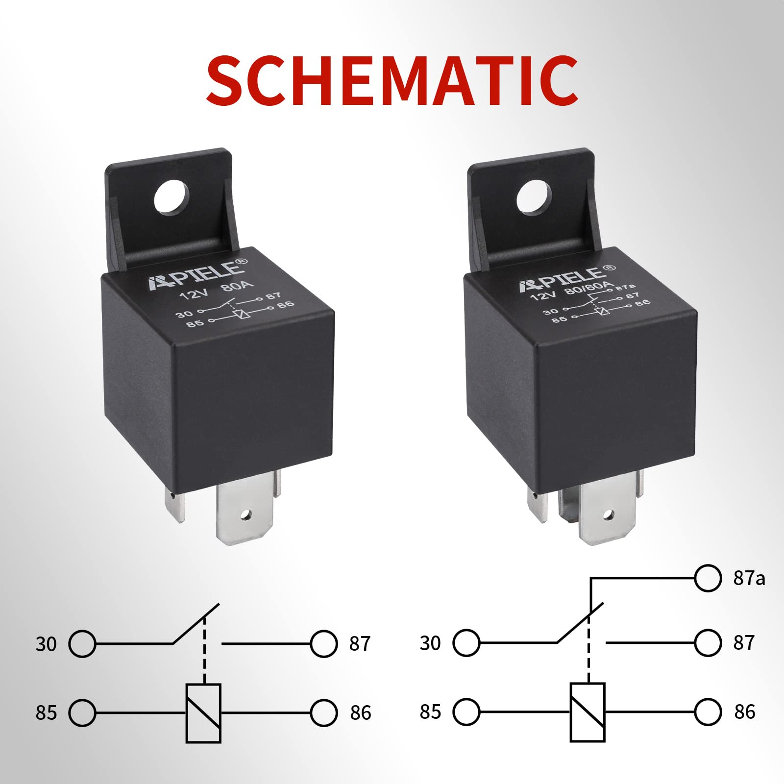 Bosch-style SPDT relay with 4 or 5 pins, available in 30/40A and 80A ratings. Compact black plastic housing with metal prongs for secure connection. Ideal for automotive or marine use in lighting, ignition, cooling fan, or fuel system control circuits.