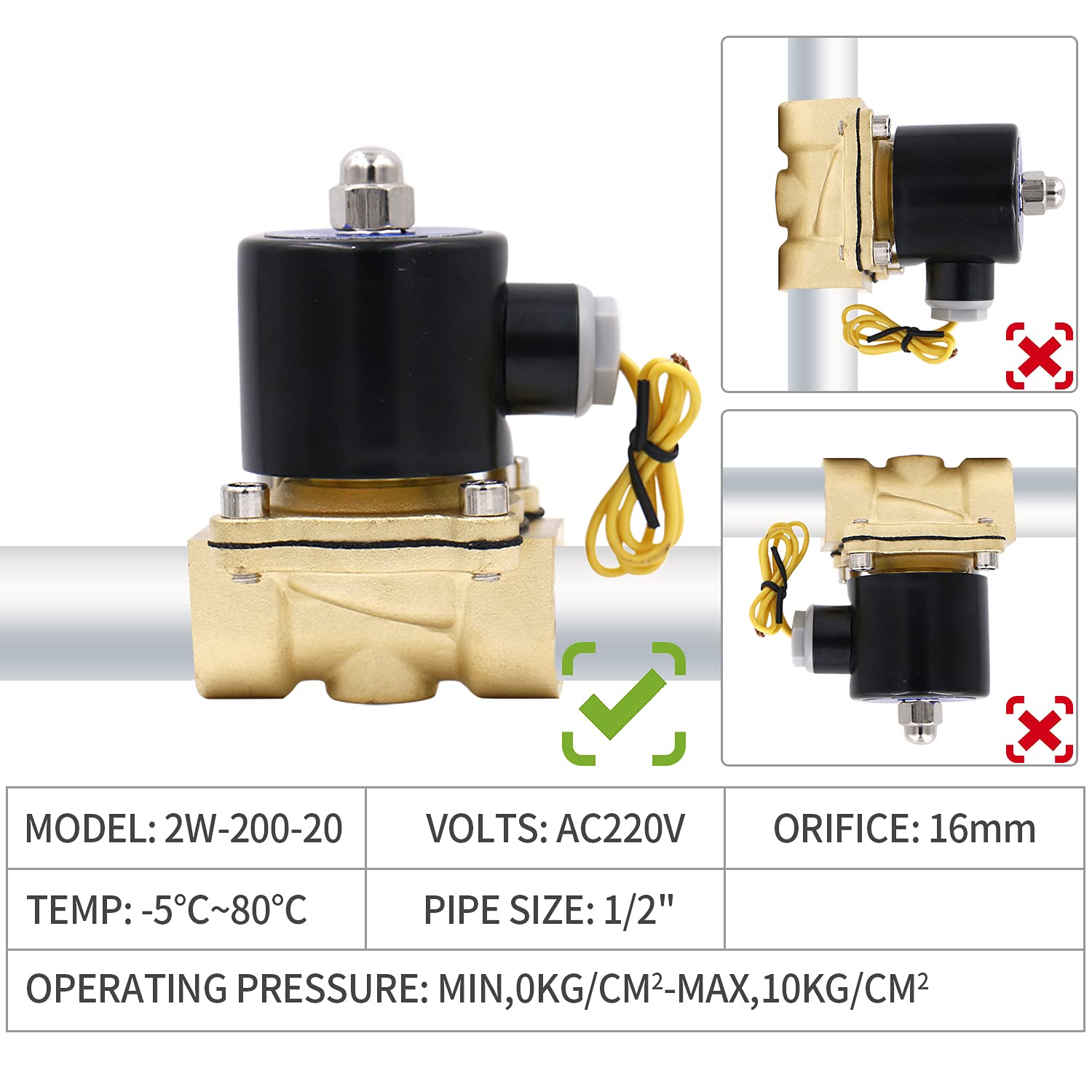 Brass electric solenoid valve model 2W-200-20 featuring 3/4 inch PT thread, DC12V and DC24V options, normally closed type. Suitable for water and air control in industrial systems, offering robust brass construction for durability and reliable operation. rimal data sheet