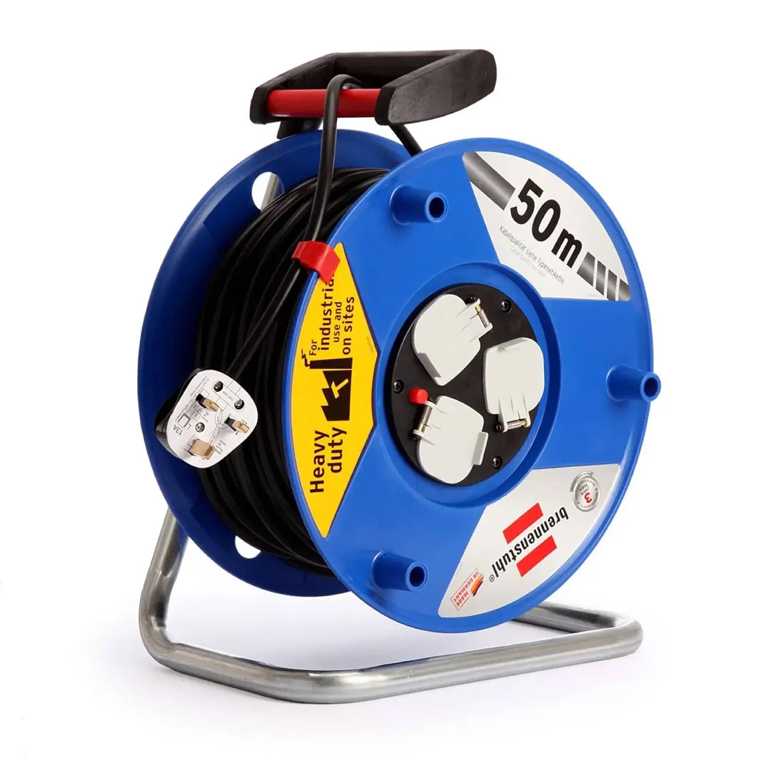 Brennenstuhl 50-meter cable reel with 13A plug and sturdy plastic body. Designed for high-performance, heavy-duty use in marine, industrial, or domestic applications. Easy to transport and safe to use. Available in Rimal Marine.