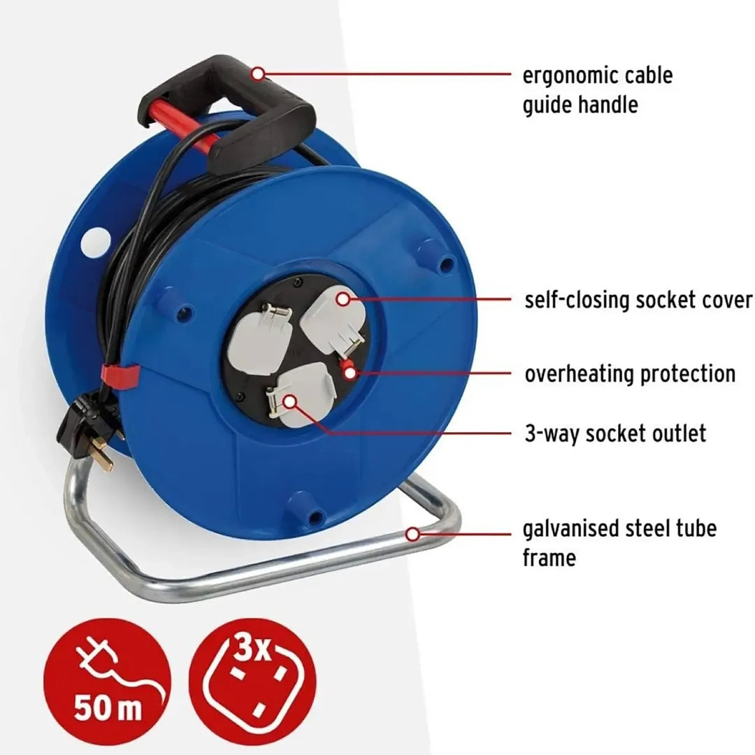 Brennenstuhl 50-meter cable reel with 13A plug and sturdy plastic body. Designed for high-performance, heavy-duty use in marine, industrial, or domestic applications. Easy to transport and safe to use. Available in Rimal Marine.