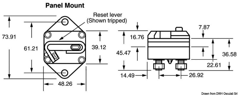 Built-in thermal switch with 60A to 200A rating, designed for recess fit mounting in panels. Offers safe and effective thermal overload protection in marine, vehicle, and industrial electrical systems. Space-saving and durable. Available at Rimal Marine.