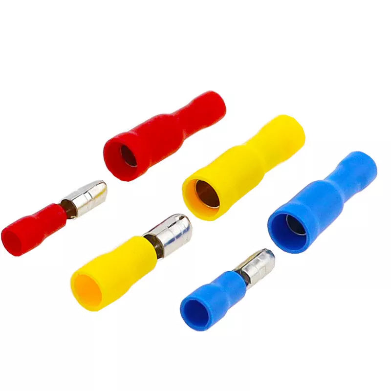 Male and female bullet terminal connectors for quick, reliable wire connections in automotive, marine, and electrical systems. Designed for fast disconnection and strong conductivity. Crimp-style, available in assorted colors and sizes. Premium quality connectors from Rimal Marine.

