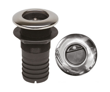 CANSB marine thru-hull fitting with stainless steel cover and built-in valve. Ideal for underwater applications, including water intake or drainage. Designed for durability in harsh saltwater environments. Sleek, corrosion-resistant solution for modern boats and yachts.