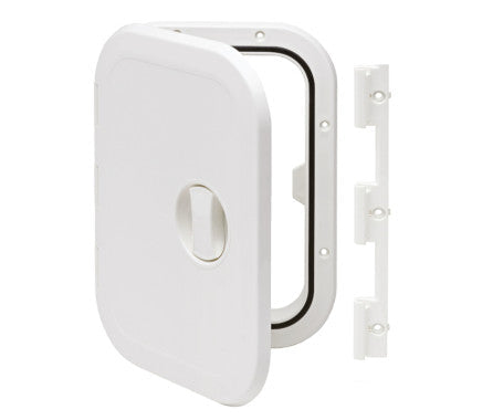 CANSB compact marine hatch with 180-degree opening – 373mm x 270mm. UV-resistant, durable hatch for storage access on boats, kayaks, and recreational vehicles with secure locking mechanism.

