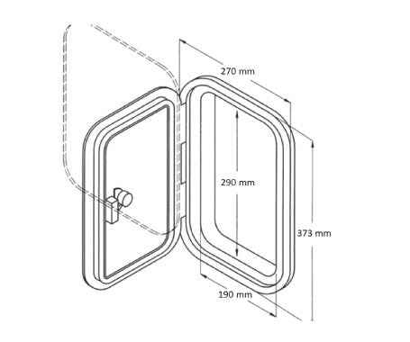CANSB compact marine hatch with 180-degree opening – 373mm x 270mm. UV-resistant, durable hatch for storage access on boats, kayaks, and recreational vehicles with secure locking mechanism.


