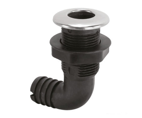 CANSB 90-degree marine thru-hull fitting with a durable stainless steel cover for sleek, corrosion-resistant performance. Ideal for right-angle plumbing installations below the waterline on boats and yachts. Suitable for both intake and drainage in harsh saltwater conditions.