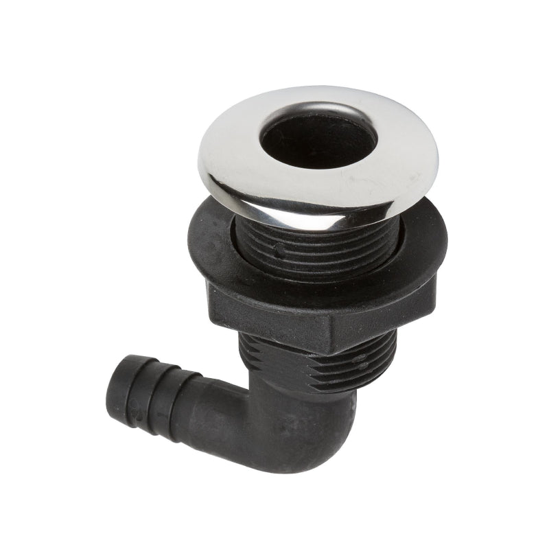 CANSB 90-degree marine thru-hull fitting with a durable stainless steel cover for sleek, corrosion-resistant performance. Ideal for right-angle plumbing installations below the waterline on boats and yachts. Suitable for both intake and drainage in harsh saltwater conditions.