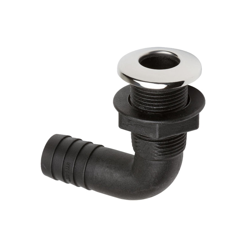 CANSB 90-degree marine thru-hull fitting with a durable stainless steel cover for sleek, corrosion-resistant performance. Ideal for right-angle plumbing installations below the waterline on boats and yachts. Suitable for both intake and drainage in harsh saltwater conditions.

