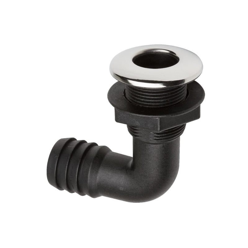 CANSB 90-degree marine thru-hull fitting with a durable stainless steel cover for sleek, corrosion-resistant performance. Ideal for right-angle plumbing installations below the waterline on boats and yachts. Suitable for both intake and drainage in harsh saltwater conditions.