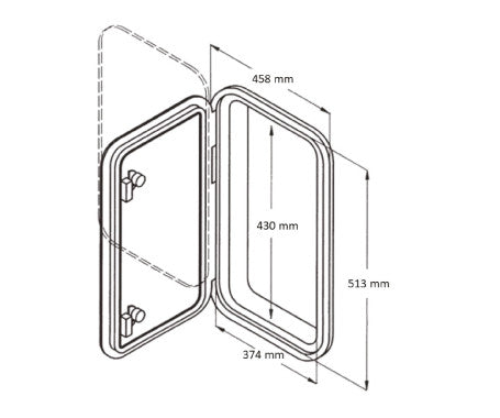ANSB 180-degree marine access hatch – size 513mm x 458mm. Durable UV-stable hatch for boats and RVs, designed for easy access to compartments and deck storage with secure closure.

