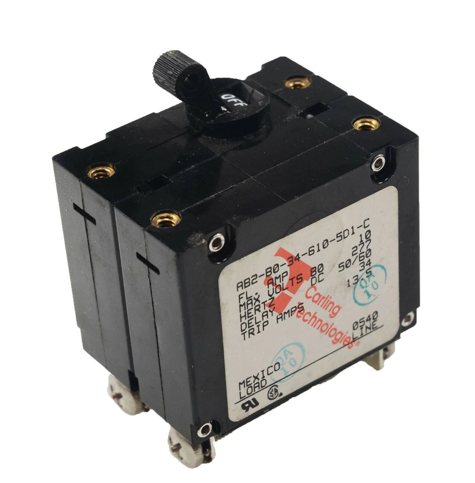CARLING B Series compact circuit breaker, rated 5–50A with 1/2/3 pole options. Handles up to 277VAC and 80VDC. Durable design with black actuator, suitable for marine, automotive, and industrial electrical protection needs. Supplied by Rimal Marine.
