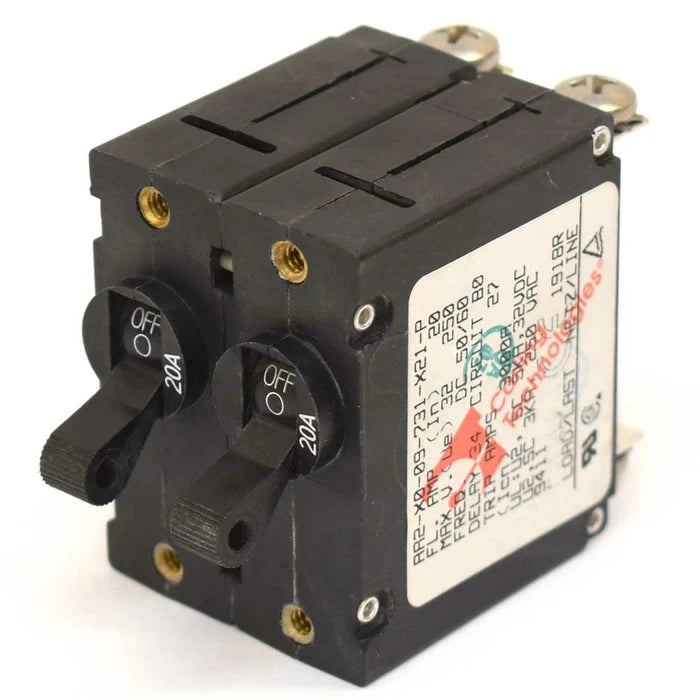 CARLING B Series compact circuit breaker, rated 5–50A with 1/2/3 pole options. Handles up to 277VAC and 80VDC. Durable design with black actuator, suitable for marine, automotive, and industrial electrical protection needs. Supplied by Rimal Marine.