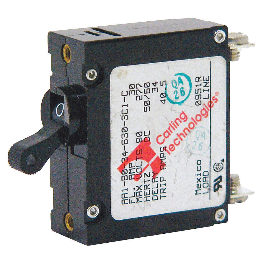 CARLING B Series compact circuit breaker, rated 5–50A with 1/2/3 pole options. Handles up to 277VAC and 80VDC. Durable design with black actuator, suitable for marine, automotive, and industrial electrical protection needs. Supplied by Rimal Marine.