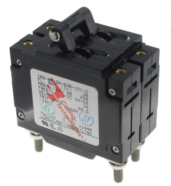 CARLING Technologies C Series circuit breaker, 50–100A, available in 1/2/3 pole configurations. Rated for 240VAC and 80VDC applications, features a robust black actuator. Designed for marine, vehicle, and industrial electrical systems. Supplied by Rimal Marine.

