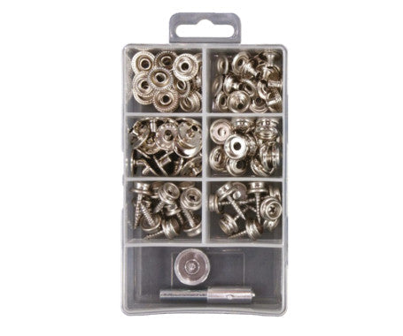 Complete 101-piece canvas snap fastener kit with durable, rust-resistant snap components. Perfect for securing boat covers, awnings, tarps, tents, and upholstery in marine, camping, and outdoor environments.


