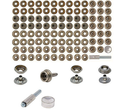Complete 101-piece canvas snap fastener kit with durable, rust-resistant snap components. Perfect for securing boat covers, awnings, tarps, tents, and upholstery in marine, camping, and outdoor environments.

