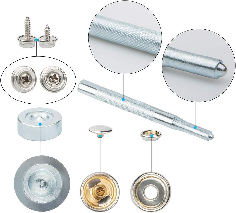 Complete 101-piece canvas snap fastener kit with durable, rust-resistant snap components. Perfect for securing boat covers, awnings, tarps, tents, and upholstery in marine, camping, and outdoor environments.

