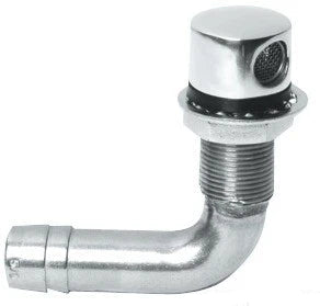Marine tank vent made from chrome-plated brass with a 15.9mm (5/8") hose I.D. Includes upward-facing monel mesh screen for maximum airflow in protected installations. Ideal for fuel, water, or waste tank venting on boats. Corrosion-resistant and hull compatible up to 12.7mm thick.