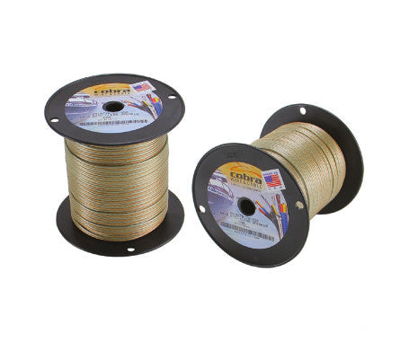 Cobra clear speaker wire for high-quality audio connections in home, car, or marine setups. Transparent insulation with polarity markings for easy installation. Flexible, durable, and optimized for crisp sound transmission in all audio environments.

