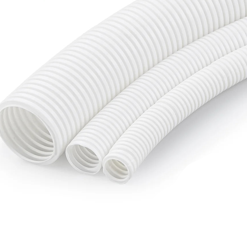Decoduct 50mm flexible PVC corrugated conduit pipe (DPL6), 20-meter roll, ideal for cable protection in electrical, marine, or industrial applications. Available in black or white finish for indoor or outdoor use. Available in Rimal Marine.

