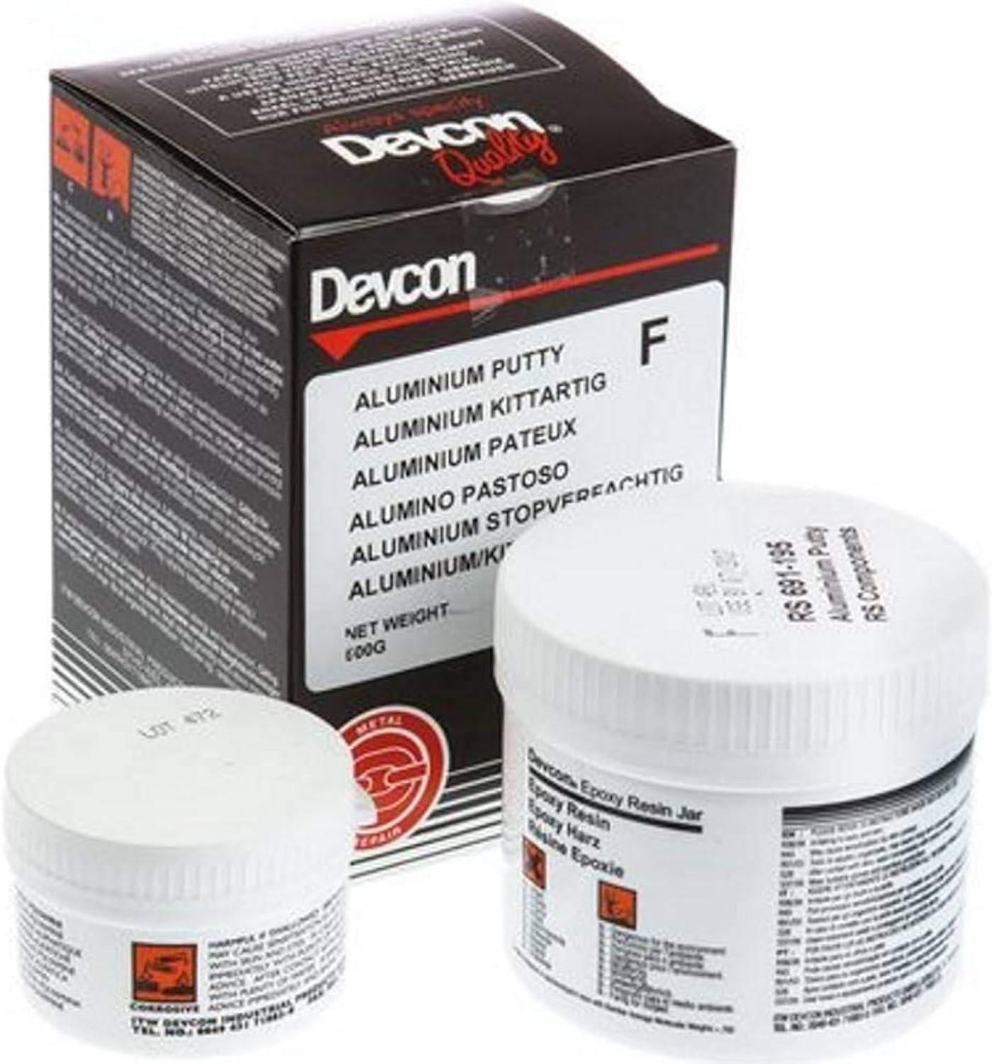 Devcon® Aluminium-Filled Epoxy Putty (F) – 1 lb container. A two-part, aluminum-filled epoxy paste designed for repairing aluminum castings, machinery, and equipment. Offers excellent machinability, corrosion resistance, and can be drilled, tapped, or painted after curing.

