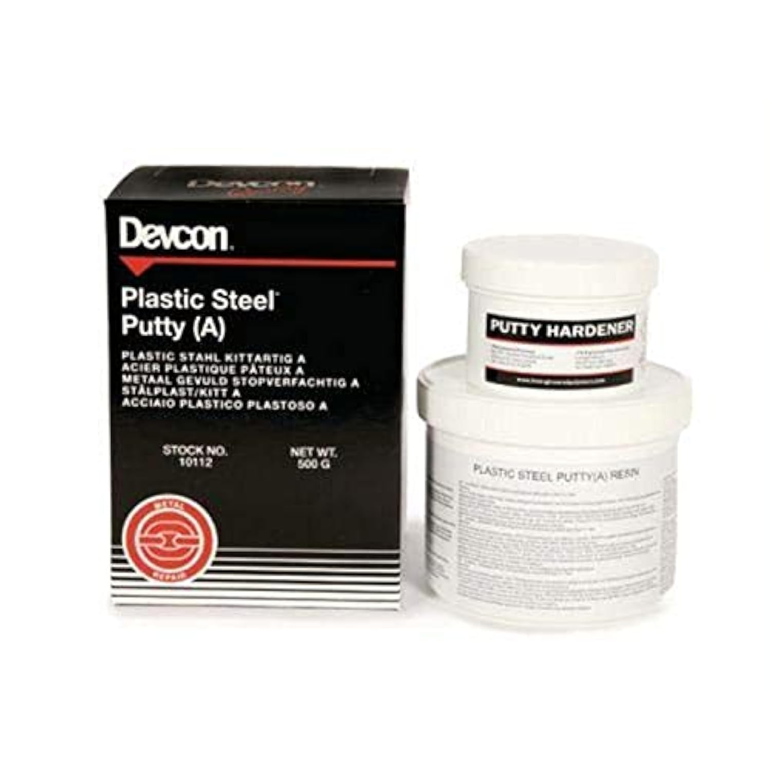 Devcon® Plastic Steel® Putty (A) – 1 lb container. A steel-filled epoxy putty designed for repairing, rebuilding, and bonding metal surfaces. Cures at room temperature to a metallic mass that can be drilled, tapped, machined, or painted. Ideal for applications where welding or brazing is undesirable.