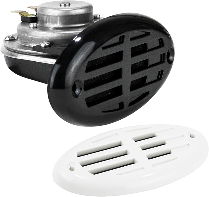 110dB drop-in hidden horn with 12V DC power supply and water-resistant grills. Designed for discreet installation in cars, motorcycles, and marine vehicles. Offers loud, clear sound output with a compact, weather-resistant build.