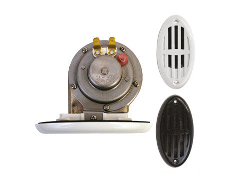 110dB drop-in hidden horn with 12V DC power supply and water-resistant grills. Designed for discreet installation in cars, motorcycles, and marine vehicles. Offers loud, clear sound output with a compact, weather-resistant build.