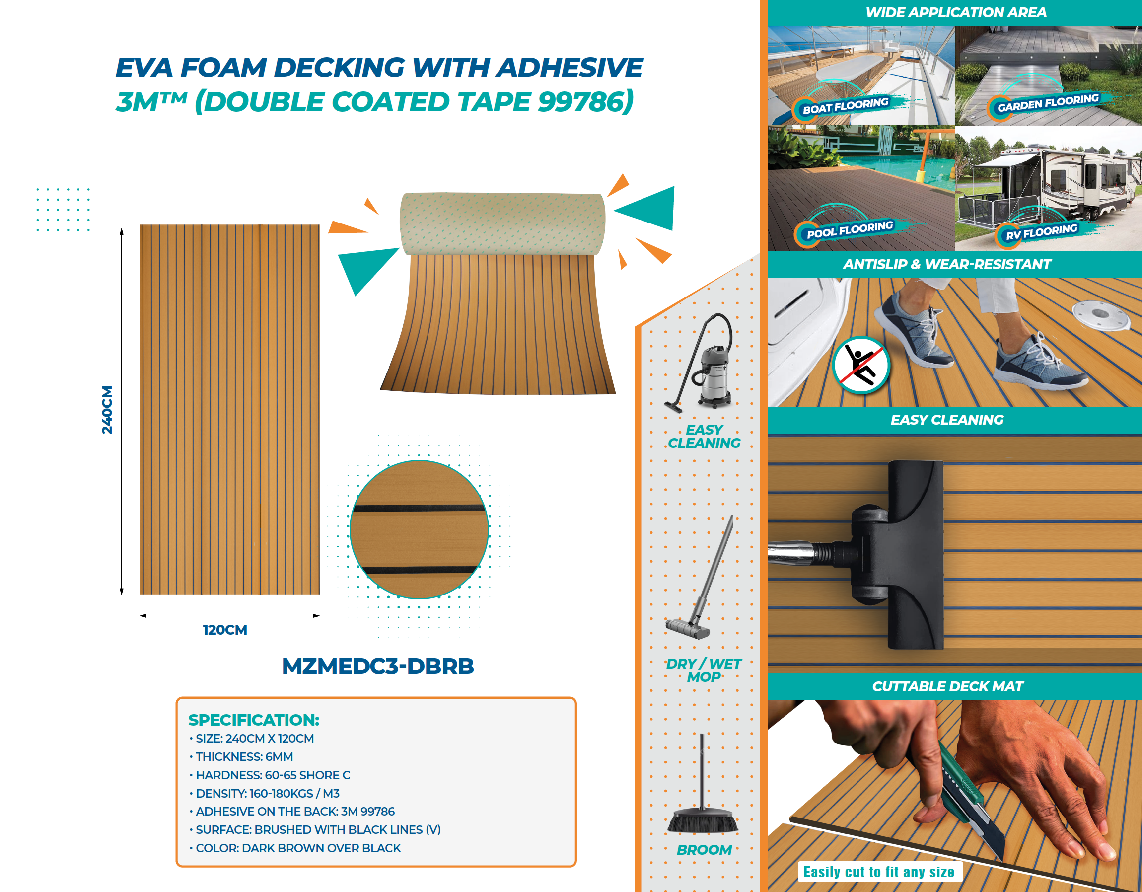 EVA Foam Decking Sheet with 3M™ adhesive – durable, waterproof, non-slip decking material for boats and outdoor use. Provides cushioning, UV resistance, and easy peel-and-stick installation for enhanced safety and comfort on marine decks and walkways.

