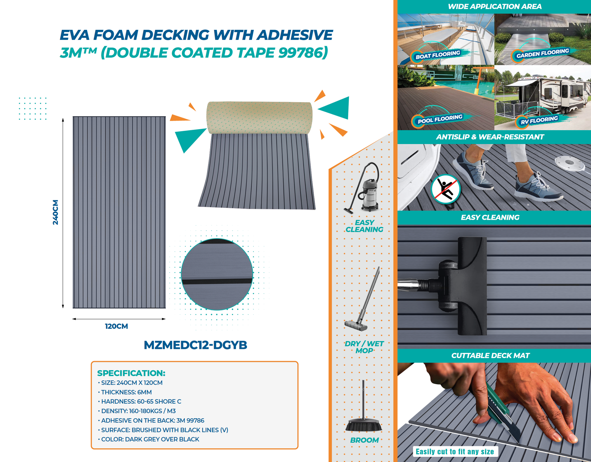EVA Foam Decking Sheet with 3M™ adhesive – durable, waterproof, non-slip decking material for boats and outdoor use. Provides cushioning, UV resistance, and easy peel-and-stick installation for enhanced safety and comfort on marine decks and walkways.