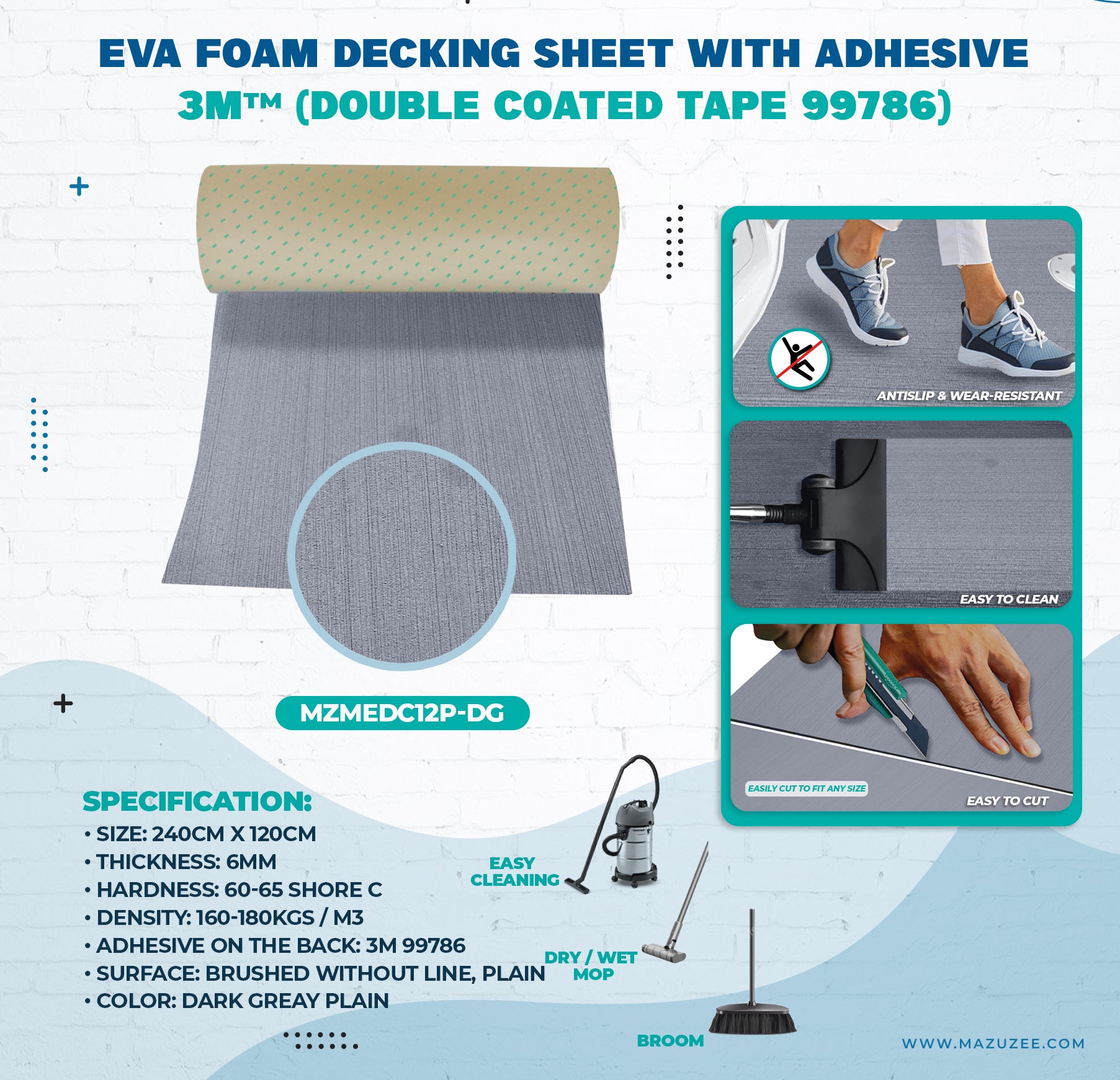 EVA Foam Decking Sheet with 3M™ adhesive – durable, waterproof, non-slip decking material for boats and outdoor use. Provides cushioning, UV resistance, and easy peel-and-stick installation for enhanced safety and comfort on marine decks and walkways.

